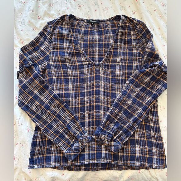 Madewell size medium gently worn Plaid V-Neck Ruffle Top - Picture 4 of 10